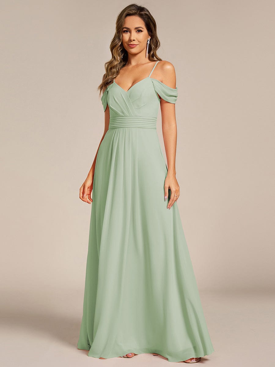 Deluxe Off-The-Shoulder V-Neck A-Line Bridesmaid Dress with Spaghetti Straps