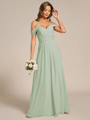 Deluxe Off-The-Shoulder V-Neck A-Line Bridesmaid Dress with Spaghetti Straps