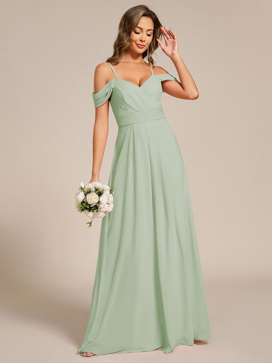 Deluxe Off-The-Shoulder V-Neck A-Line Bridesmaid Dress with Spaghetti Straps