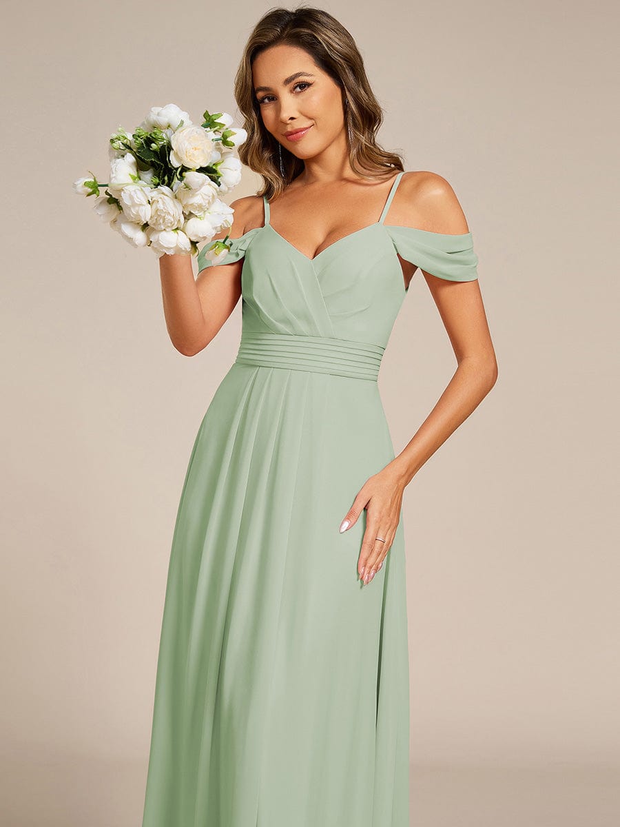Deluxe Off-The-Shoulder V-Neck A-Line Bridesmaid Dress with Spaghetti Straps