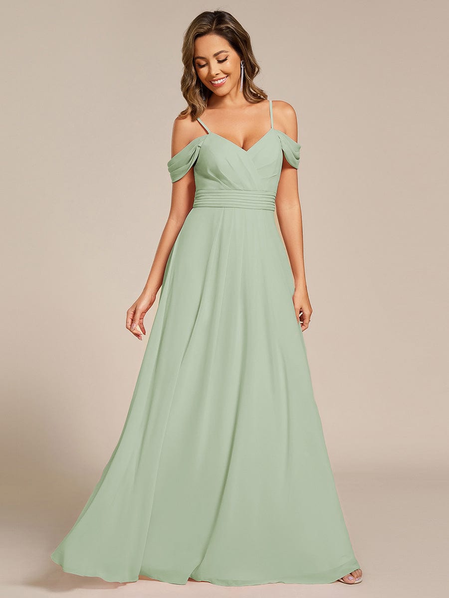 Deluxe Off-The-Shoulder V-Neck A-Line Bridesmaid Dress with Spaghetti Straps