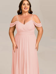 Deluxe Off-The-Shoulder V-Neck A-Line Bridesmaid Dress with Spaghetti Straps