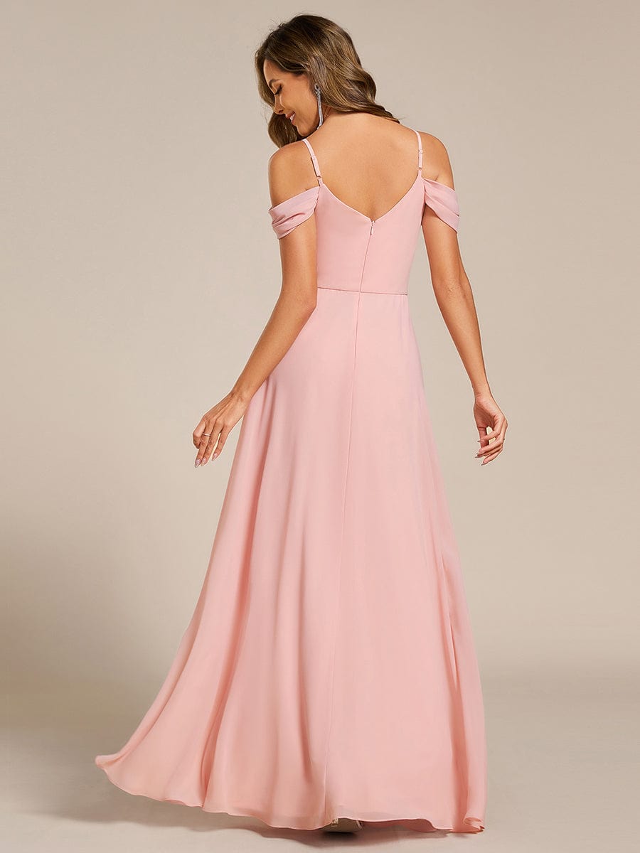 Deluxe Off-The-Shoulder V-Neck A-Line Bridesmaid Dress with Spaghetti Straps