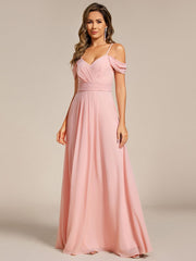 Deluxe Off-The-Shoulder V-Neck A-Line Bridesmaid Dress with Spaghetti Straps
