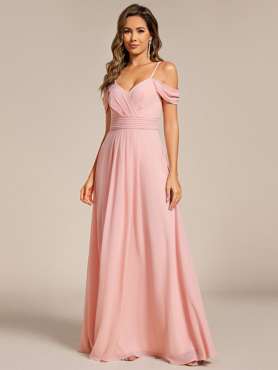 Deluxe Off-The-Shoulder V-Neck A-Line Bridesmaid Dress with Spaghetti Straps