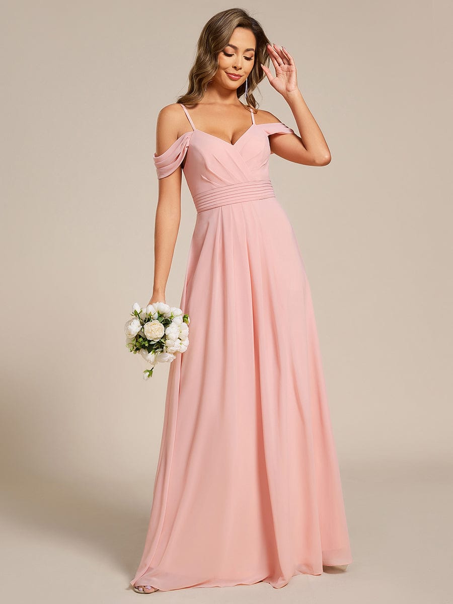 Deluxe Off-The-Shoulder V-Neck A-Line Bridesmaid Dress with Spaghetti Straps