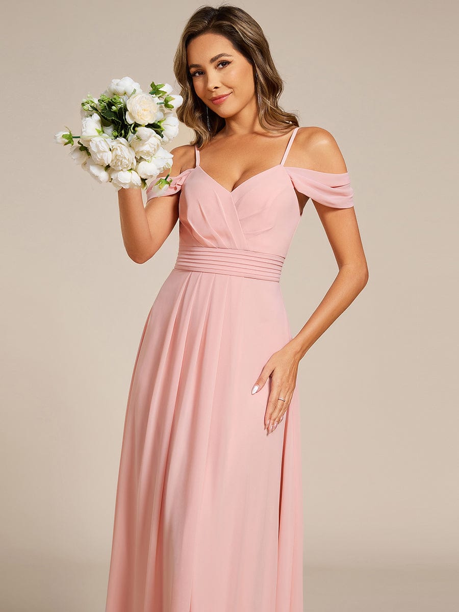 Deluxe Off-The-Shoulder V-Neck A-Line Bridesmaid Dress with Spaghetti Straps