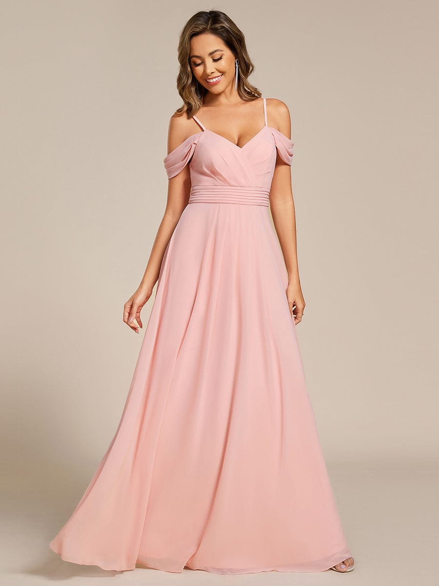 Deluxe Off-The-Shoulder V-Neck A-Line Bridesmaid Dress with Spaghetti Straps