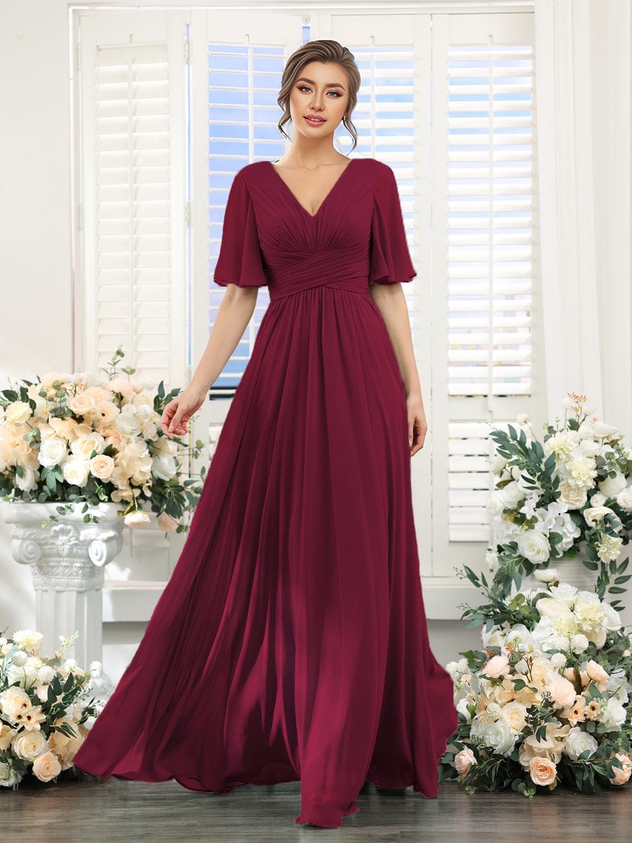 Gentle Short Sleeves V-Neck A-Line Bridesmaid Dress with Lace-Up