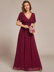 Gentle Short Sleeves V-Neck A-Line Bridesmaid Dress with Lace-Up