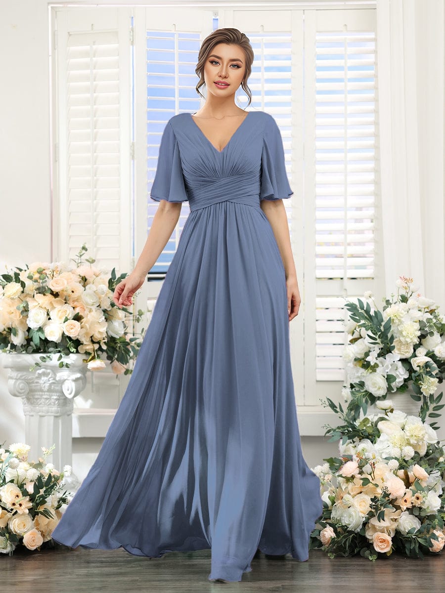 Gentle Short Sleeves V-Neck A-Line Bridesmaid Dress with Lace-Up