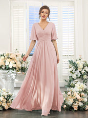 Gentle Short Sleeves V-Neck A-Line Bridesmaid Dress with Lace-Up
