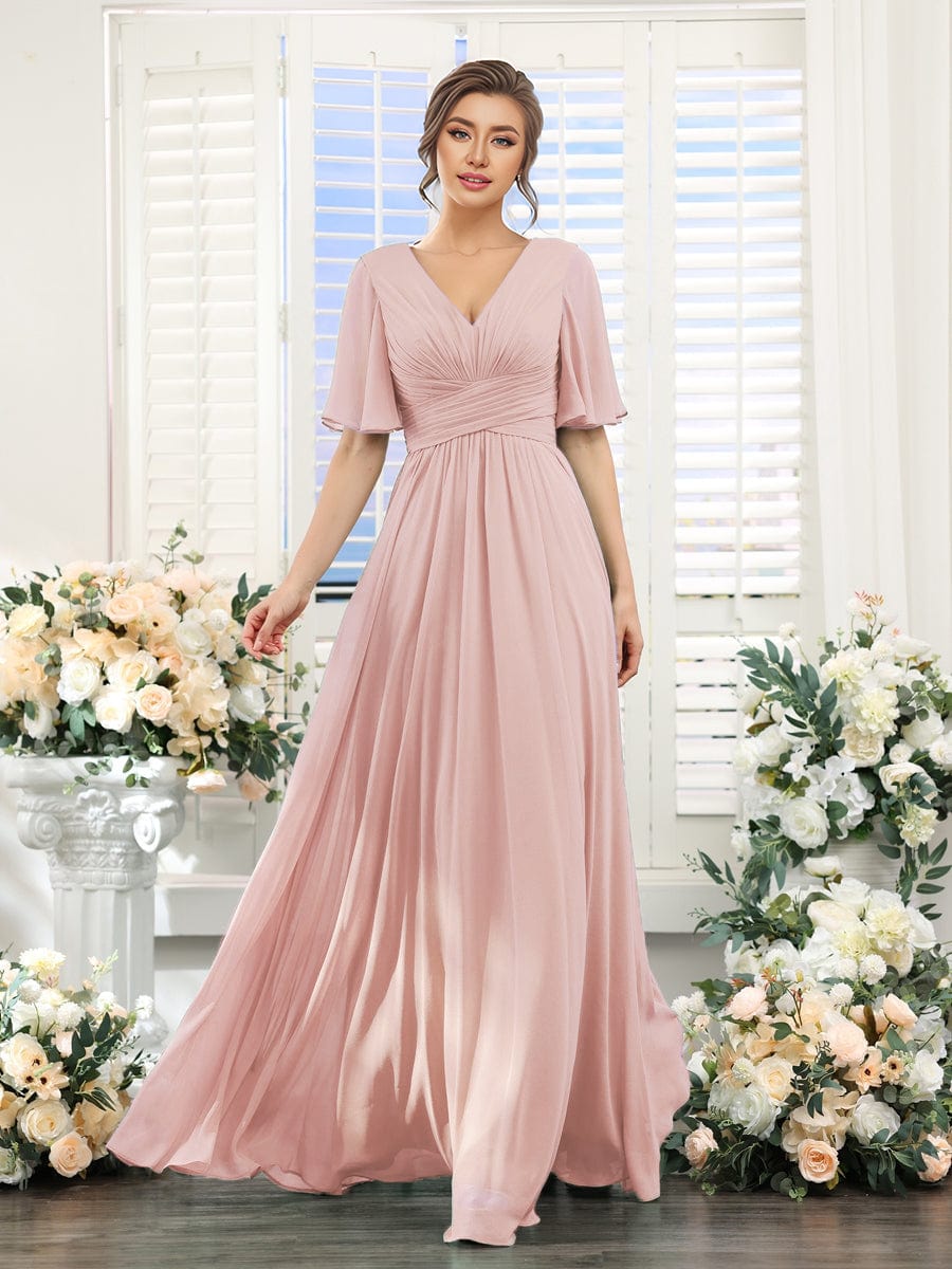 Gentle Short Sleeves V-Neck A-Line Bridesmaid Dress with Lace-Up