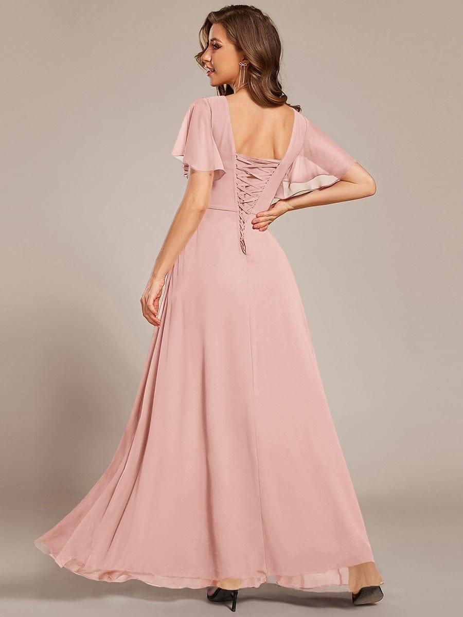 Gentle Short Sleeves V-Neck A-Line Bridesmaid Dress with Lace-Up