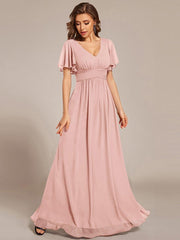 Gentle Short Sleeves V-Neck A-Line Bridesmaid Dress with Lace-Up