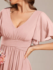 Gentle Short Sleeves V-Neck A-Line Bridesmaid Dress with Lace-Up