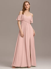 Alluring Off-The-Shoulder Spaghetti Straps A-Line Bridesmaid Dress