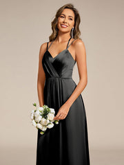 Trendy Sleeveless Backless A-Line Satin Bridesmaid Dress with Spaghetti Straps