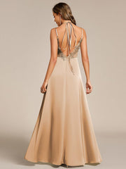 Trendy Sleeveless Backless A-Line Satin Bridesmaid Dress with Spaghetti Straps