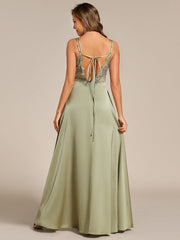 Trendy Sleeveless Backless A-Line Satin Bridesmaid Dress with Spaghetti Straps