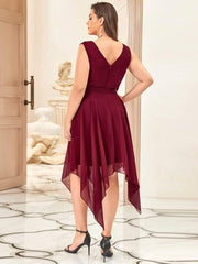 Cute Plus Size V-Neck Asymmetrical Chiffon Bridesmaid Dress