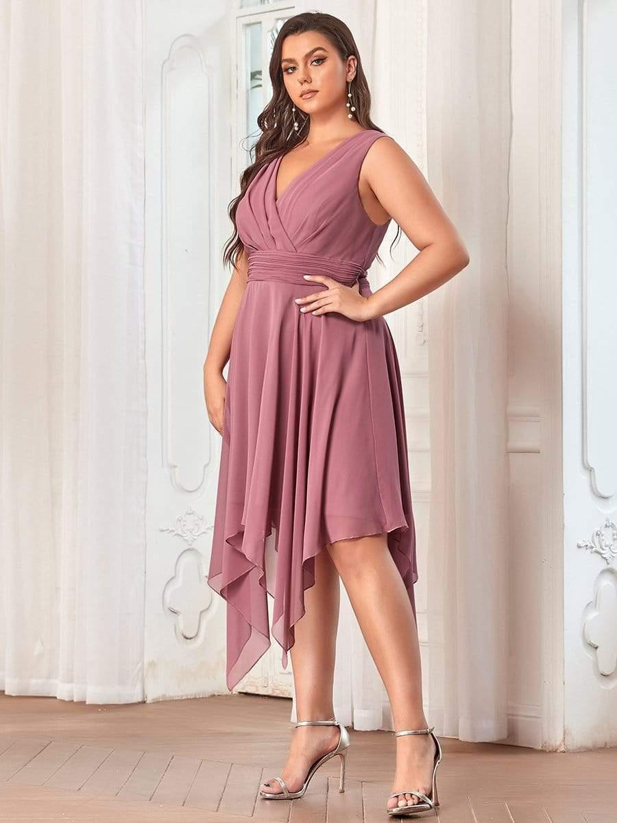 Cute Plus Size V-Neck Asymmetrical Chiffon Bridesmaid Dress