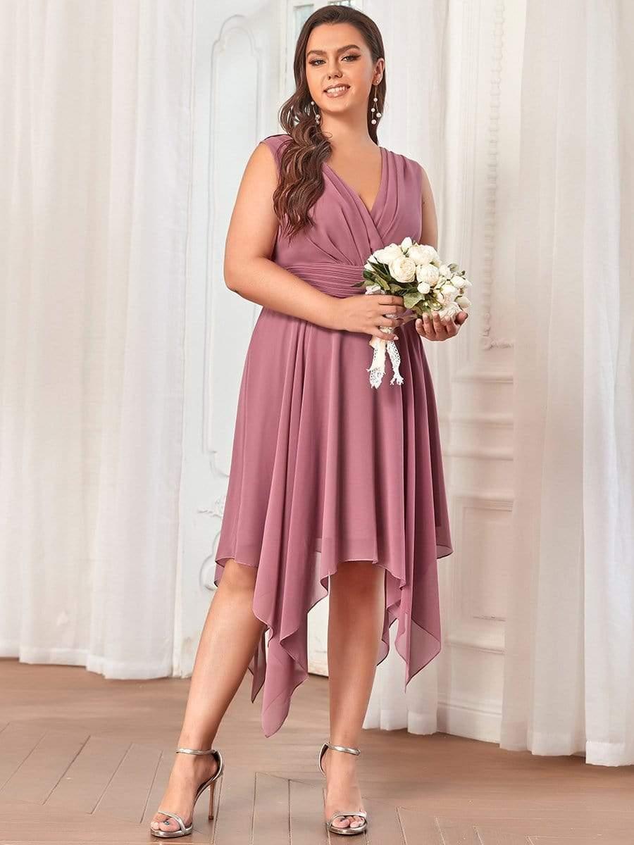 Cute Plus Size V-Neck Asymmetrical Chiffon Bridesmaid Dress