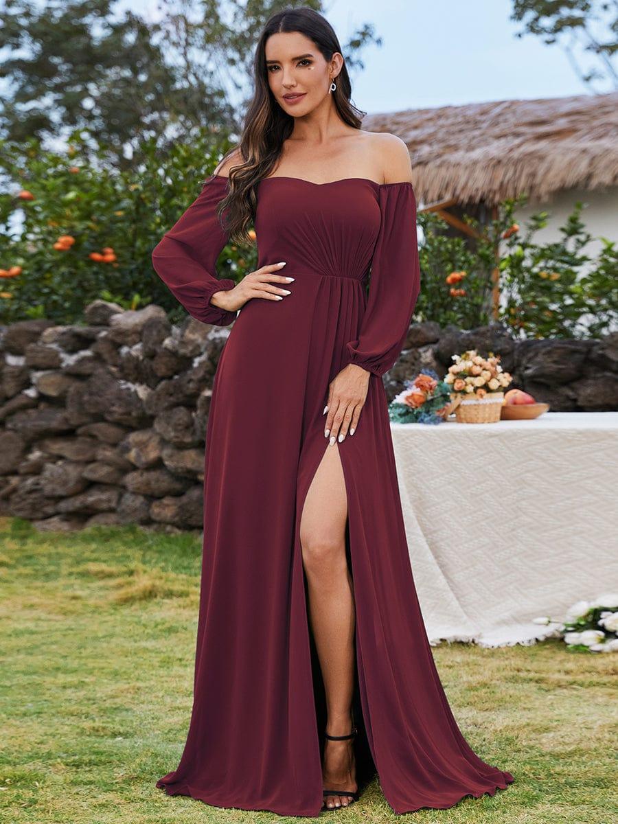 Flattering Plus Size High-Slit Chiffon A-Line Bridesmaid Dress with Long Sleeves