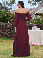 Flattering Plus Size High-Slit Chiffon A-Line Bridesmaid Dress with Long Sleeves
