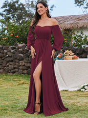 Flattering Plus Size High-Slit Chiffon A-Line Bridesmaid Dress with Long Sleeves