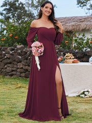 Flattering Plus Size High-Slit Chiffon A-Line Bridesmaid Dress with Long Sleeves