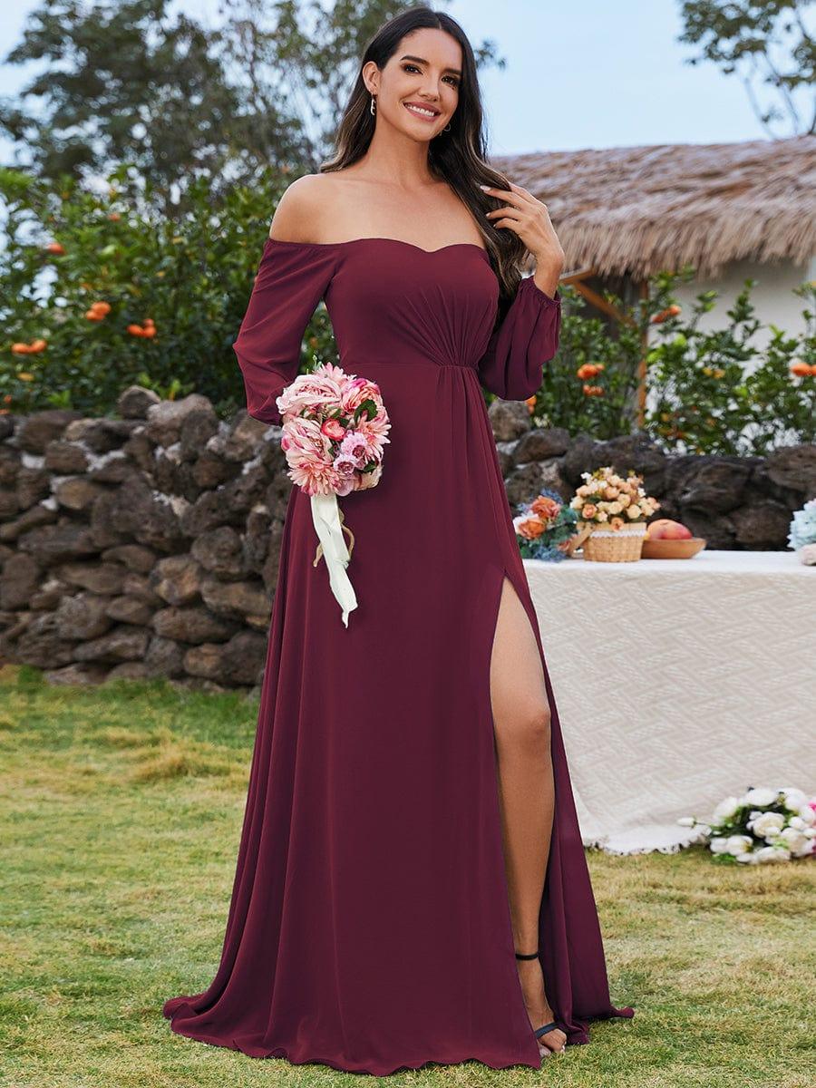 Flattering Plus Size High-Slit Chiffon A-Line Bridesmaid Dress with Long Sleeves