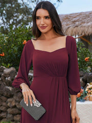 Flattering Plus Size High-Slit Chiffon A-Line Bridesmaid Dress with Long Sleeves