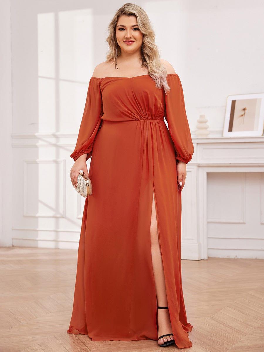 Flattering Plus Size High-Slit Chiffon A-Line Bridesmaid Dress with Long Sleeves