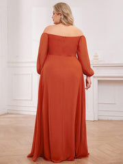 Flattering Plus Size High-Slit Chiffon A-Line Bridesmaid Dress with Long Sleeves