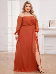 Flattering Plus Size High-Slit Chiffon A-Line Bridesmaid Dress with Long Sleeves