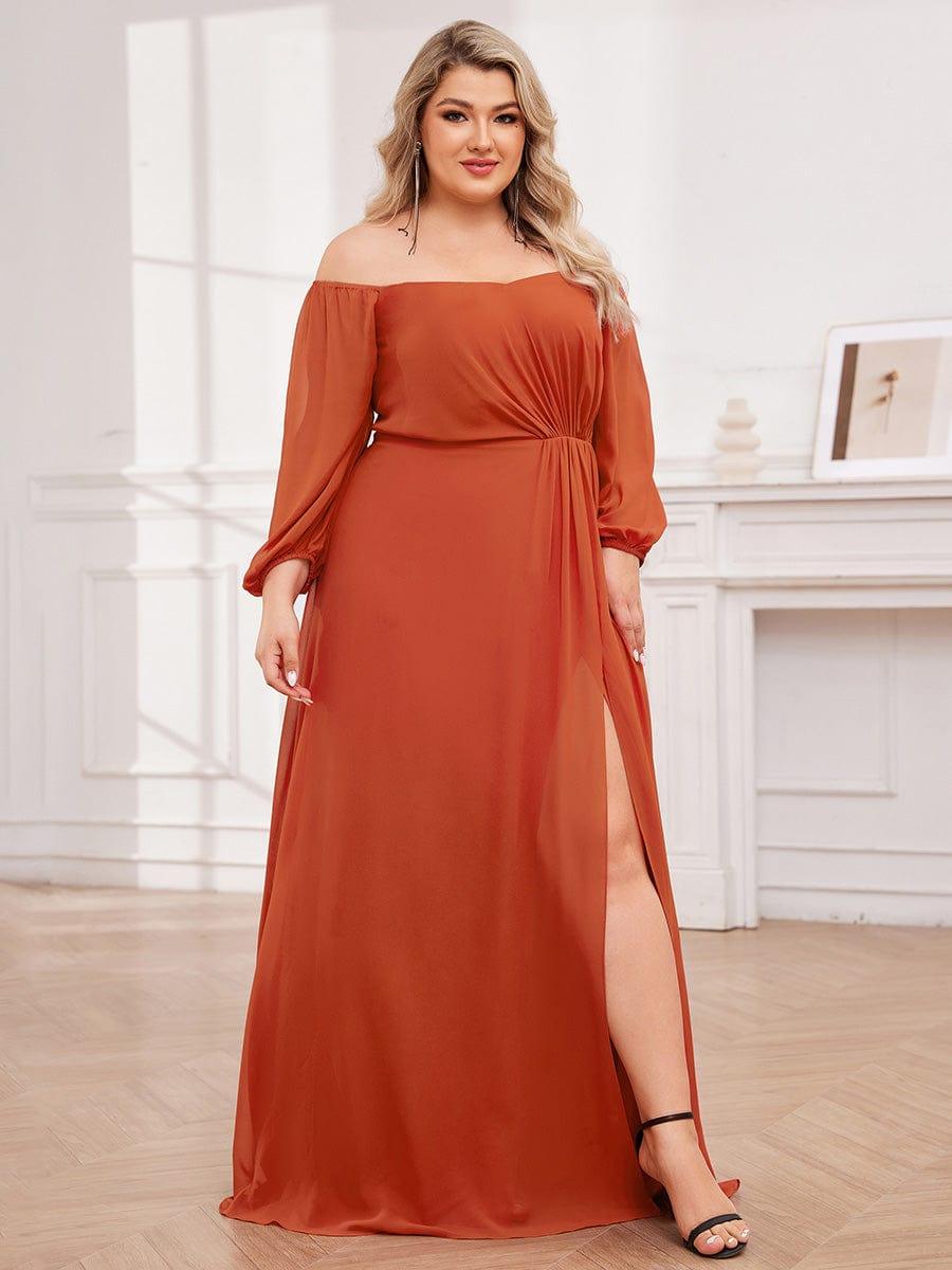 Flattering Plus Size High-Slit Chiffon A-Line Bridesmaid Dress with Long Sleeves