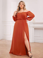 Flattering Plus Size High-Slit Chiffon A-Line Bridesmaid Dress with Long Sleeves