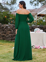 Flattering Plus Size High-Slit Chiffon A-Line Bridesmaid Dress with Long Sleeves