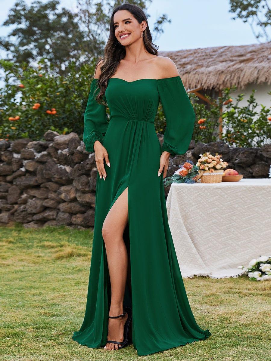 Flattering Plus Size High-Slit Chiffon A-Line Bridesmaid Dress with Long Sleeves