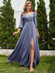Flattering Plus Size High-Slit Chiffon A-Line Bridesmaid Dress with Long Sleeves