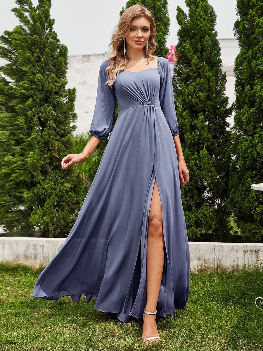 Flattering Plus Size High-Slit Chiffon A-Line Bridesmaid Dress with Long Sleeves