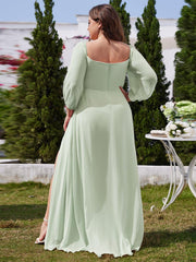Flattering Plus Size High-Slit Chiffon A-Line Bridesmaid Dress with Long Sleeves