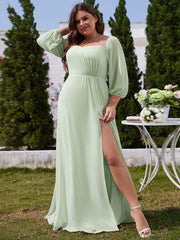 Flattering Plus Size High-Slit Chiffon A-Line Bridesmaid Dress with Long Sleeves