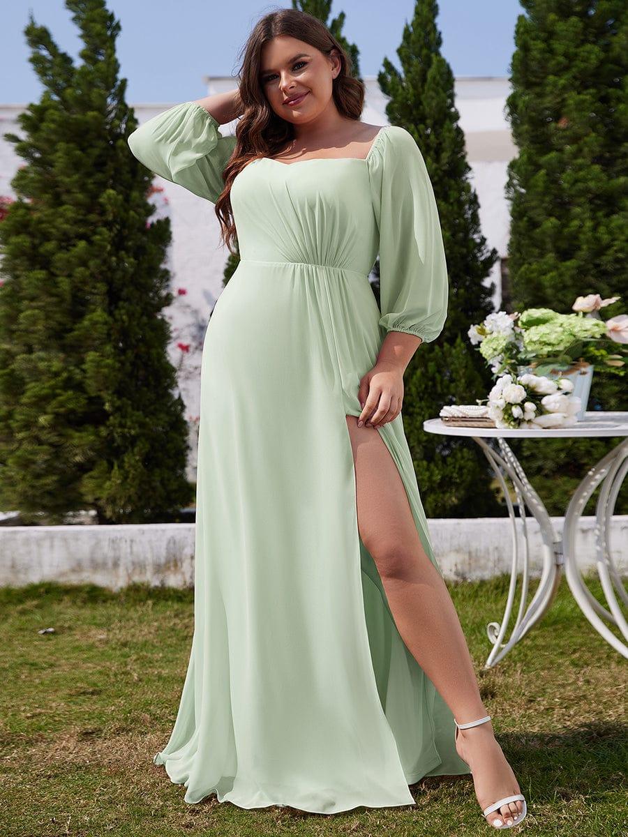 Flattering Plus Size High-Slit Chiffon A-Line Bridesmaid Dress with Long Sleeves