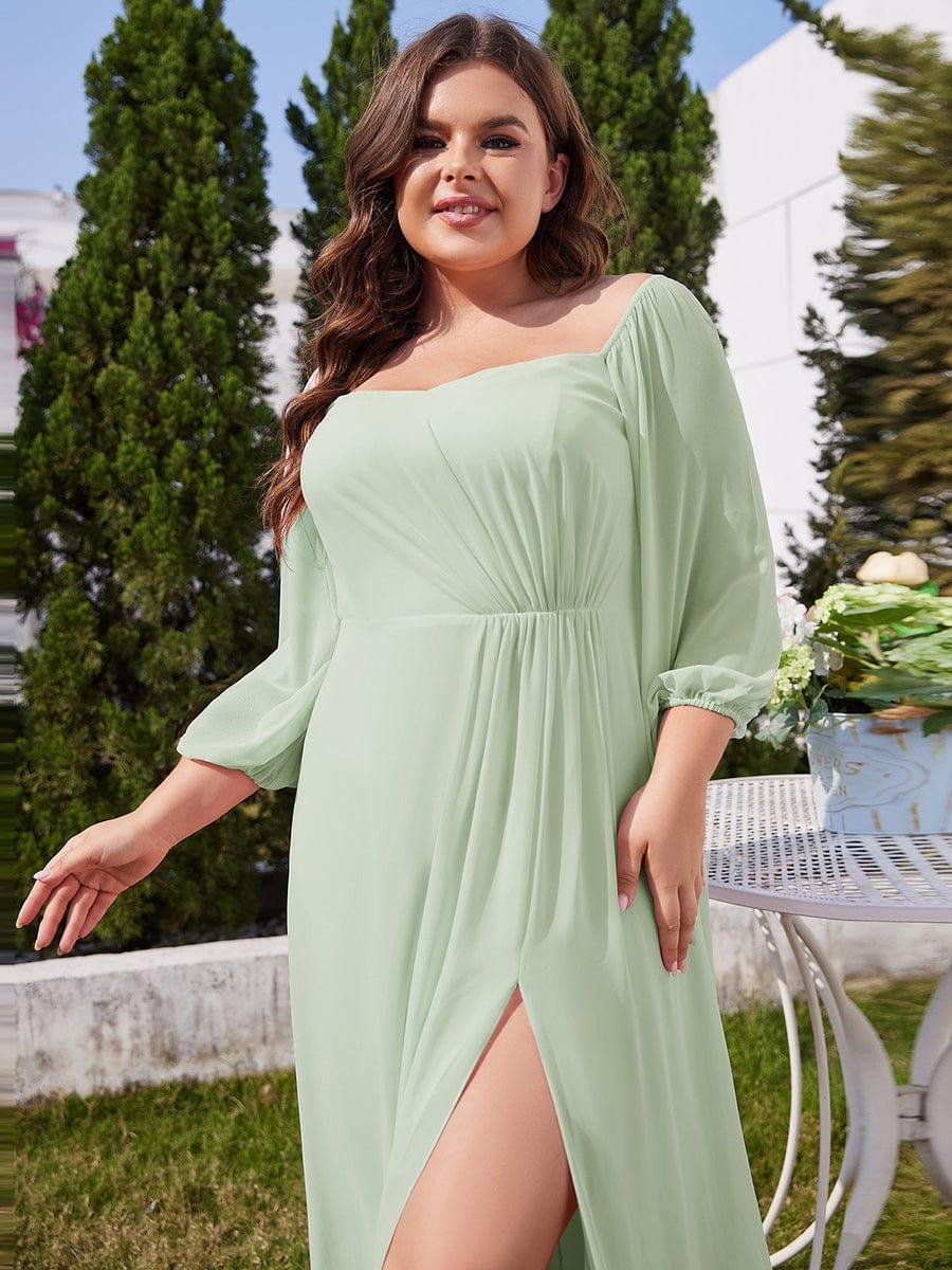 Flattering Plus Size High-Slit Chiffon A-Line Bridesmaid Dress with Long Sleeves