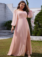 Flattering Plus Size High-Slit Chiffon A-Line Bridesmaid Dress with Long Sleeves
