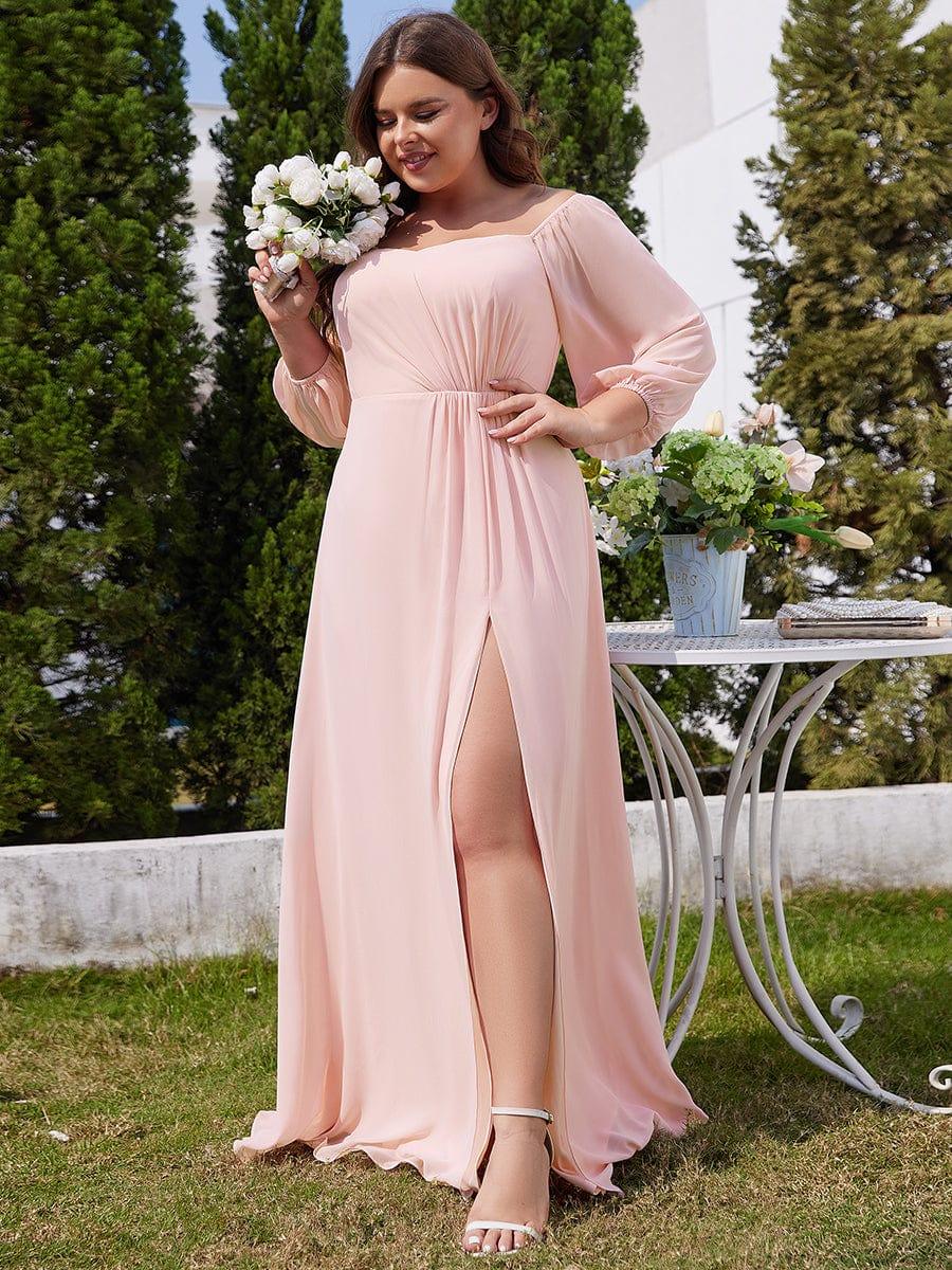 Flattering Plus Size High-Slit Chiffon A-Line Bridesmaid Dress with Long Sleeves