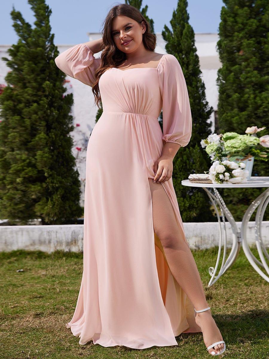 Flattering Plus Size High-Slit Chiffon A-Line Bridesmaid Dress with Long Sleeves