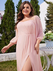 Flattering Plus Size High-Slit Chiffon A-Line Bridesmaid Dress with Long Sleeves
